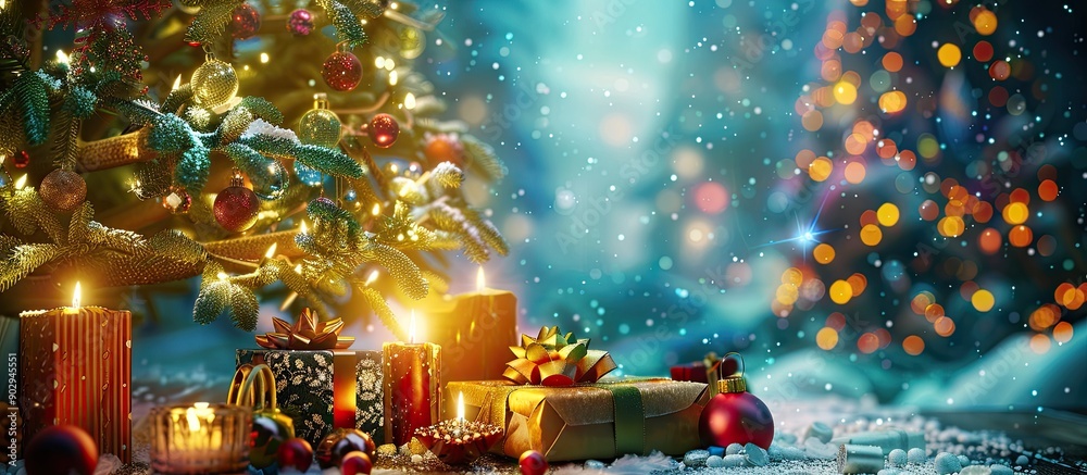 Aufkleber new year s party themed christmas card featuring a festive fir tree adorned with gifts candles and c