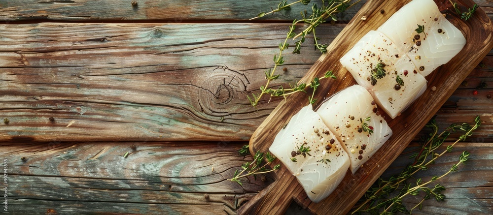 Poster Raw cod fillets with thyme are displayed on a wooden board against a wooden backdrop in a top view photo with ample copy space image