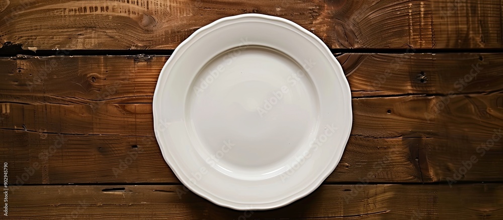 Fototapete An overhead view of an empty plate on a table with a background perfect for a copy space image