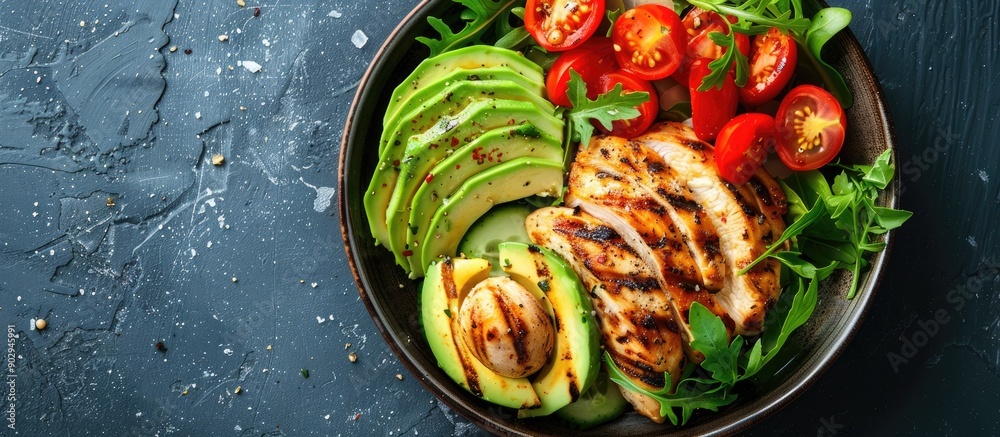 Poster grilled chicken salad with fresh tomatoes avocado perfect for keto paleo diet menu highlighted in a 