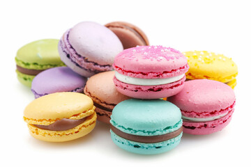 Assorted colorful Macarons stacked together on white background in a sweet display. Generative AI.