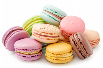 Fototapeta premium Assorted colorful Macarons stacked together on white background in a sweet display. Generative AI.