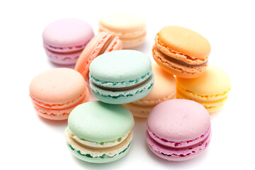 Obraz premium Assorted colorful Macarons stacked together on white background in a sweet display. Generative AI.
