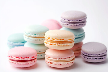 Assorted colorful Macarons stacked together on white background in a sweet display. Generative AI.