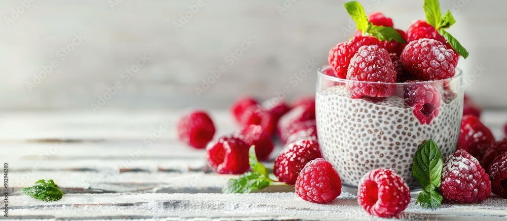 Aufkleber Healthy and nutritious chia pudding with raspberries displayed in a glass on a light wooden table featuring a relaxing copy space image