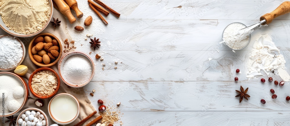 Poster ingredients for baking cake pastry or cookies on a white wooden backdrop in a top view copy space im