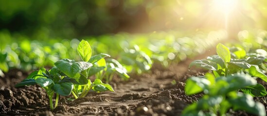 Row of healthy green plants on a sunny afternoon background ideal for gardening or farming concepts with copy space image