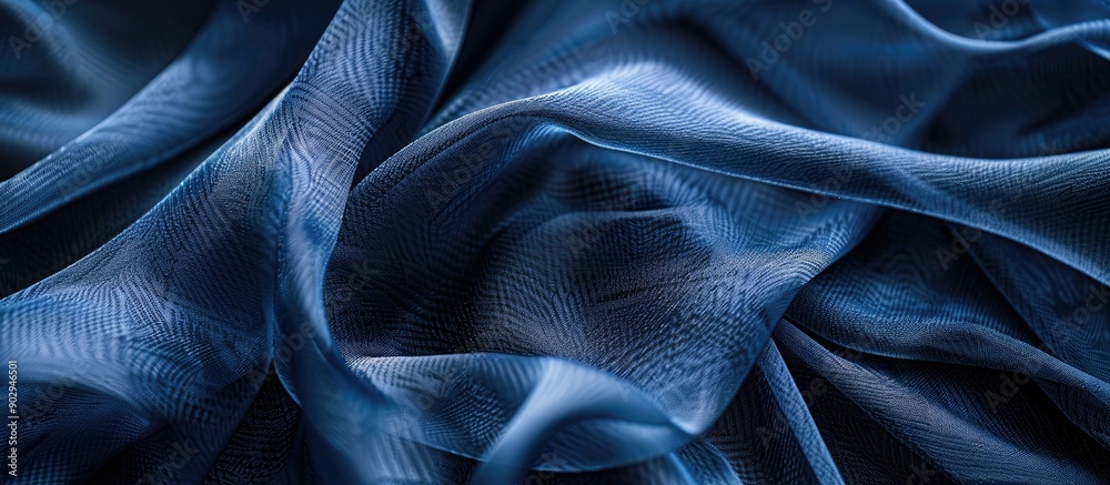 Poster selective focus on dark blue tulle or organza fabric folds in the background creating a copy space i
