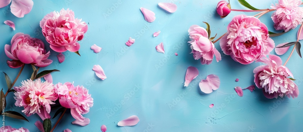 Fototapete light blue backdrop with pink peonies creating a flat lay composition with copy space image