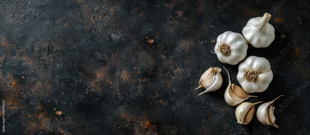 Poster garlic viewed from above against a dark backdrop with ample copy space image