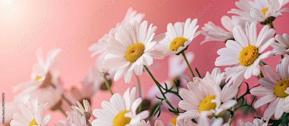 Poster White chamomile flowers on a pink backdrop with sunlight shining creating a vibrant and serene copy space image