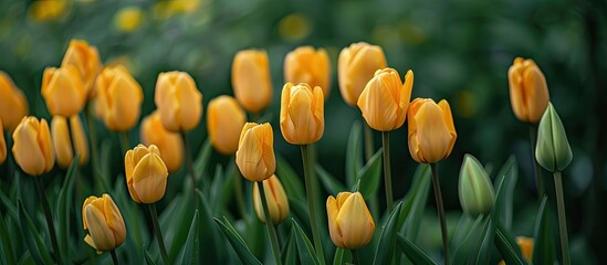 Obraz premium Vibrant yellow tulips beautifully arranged for springtime perfect for a copy space image
