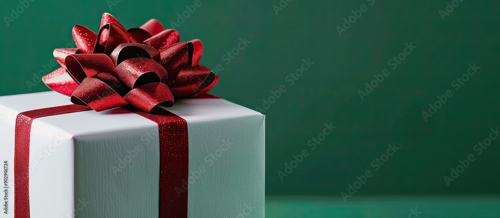 Fototapete white gift box with a large red bow set against a green backdrop allowing for a copy space image