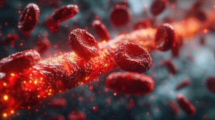 Fototapeta premium 3D rendering of red blood cells within a vein, showcasing depth of field. The image depicts blood cells flowing in one direction through a blood vessel.