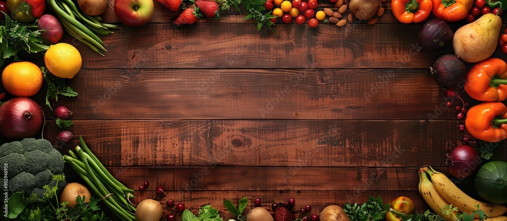 Poster wooden table background showcasing a variety of fresh fruits and vegetables ideal for a copy space i