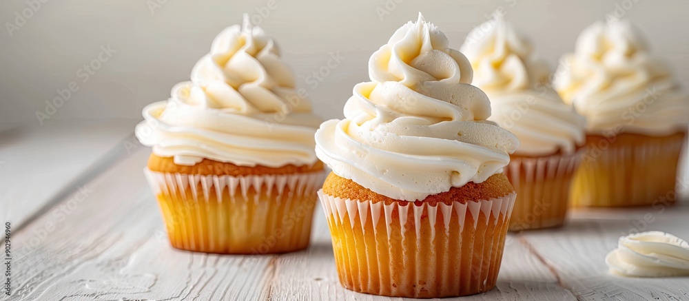 Aufkleber Vanilla cupcakes with cream cheese frosting displayed on a white wooden surface with selective focus and copy space image