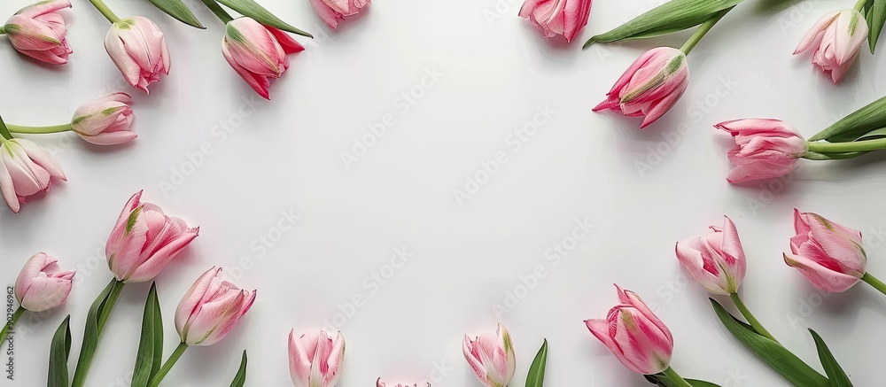 Poster top view of a frame made of pink tulip flowers against a white backdrop with copy space image