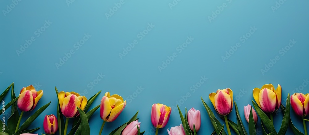 Poster spring banner featuring a floral frame of yellow and pink tulips against a blue backdrop with copy s