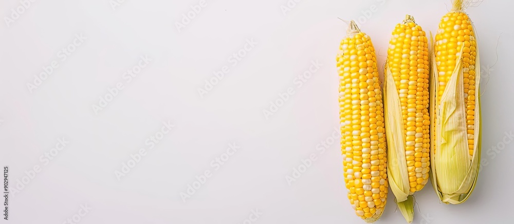 Poster fresh uncooked corncob arranged on a white background a healthy summer food concept the image showca