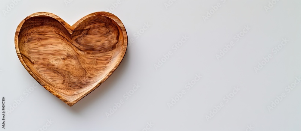 Poster heart shaped wooden plate on a white backdrop with space for text or images conveying a valentine s 