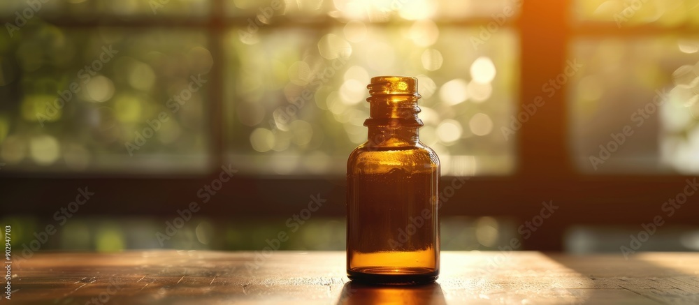 Poster small bottle with plantain extract in selective focus presenting a natural copy space image
