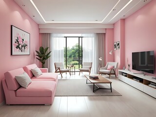 Fototapeta premium Modern living room interior with pink sofa, white armchairs, and a flat screen TV.