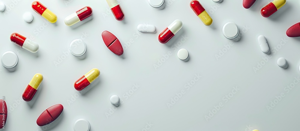 Poster various red white and yellow pills and capsules are displayed against a white backdrop with room for