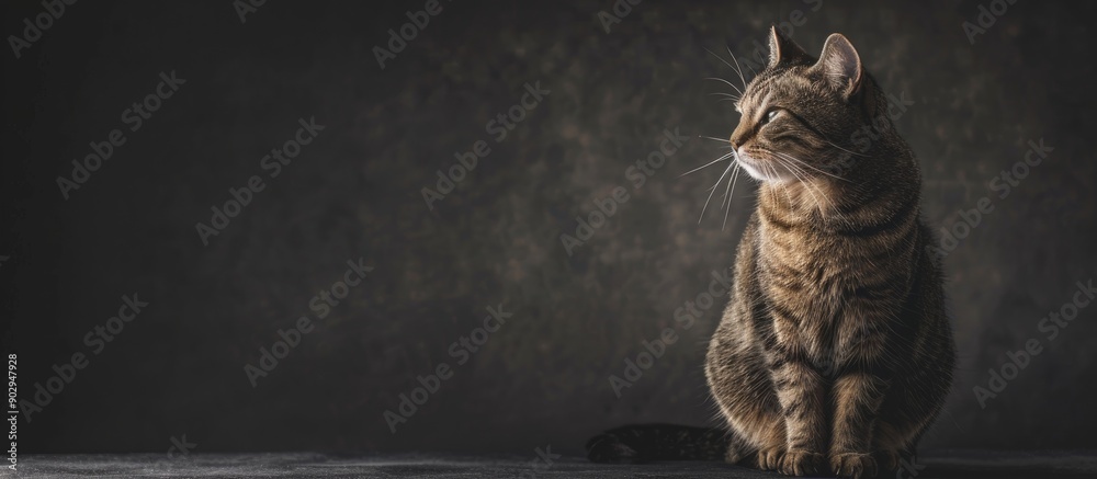 Poster Studio photoshoot of a lone cat against a dark backdrop with copy space image