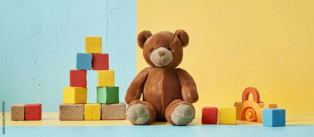 Poster Front view of a playful baby toys setup featuring a brown teddy bear and vibrant building blocks on a pastel yellow and blue backdrop with copy space image