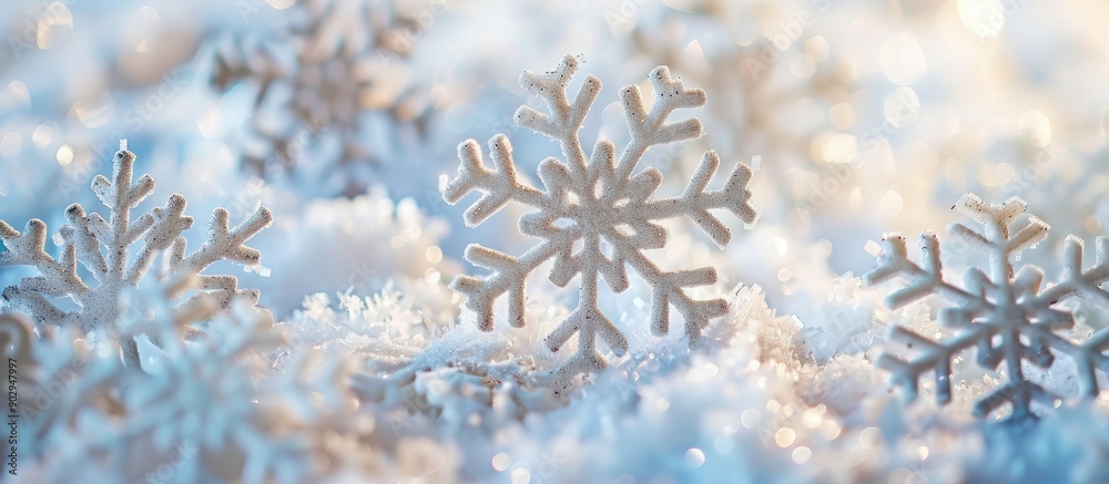 Poster winter themed background with white artificial snowflakes on soft light backdrop ideal for cards ban