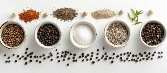 A finely arranged culinary set featuring ceramic bowls filled with peppercorn coriander salt and masala set on a white background for a festive meal invitation with ample copy space for customization