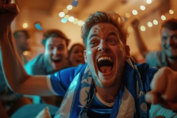 Fototapeta premium Group of people gathered in a room, central figure wearing blue shirt and white scarf, holding hand up for action or gesture, background features string of lights creating festive atmosphere.