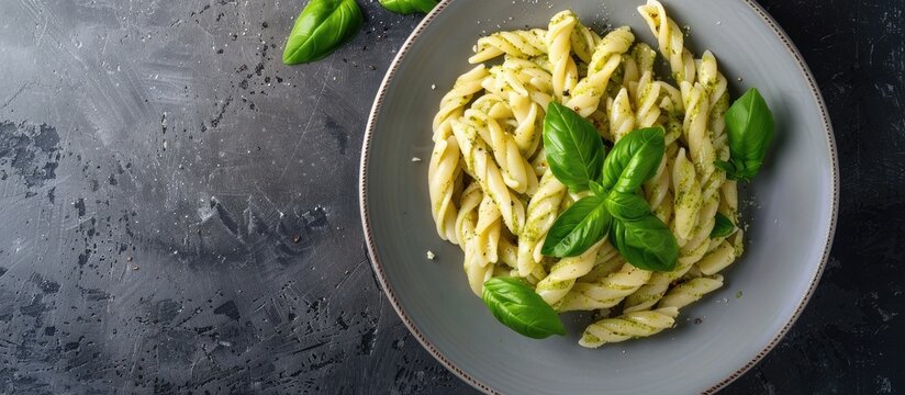 A plate of classic Italian cuisine featuring strozzapreti pasta drenched in pesto with a background suitable for adding text or images known as a copy space image