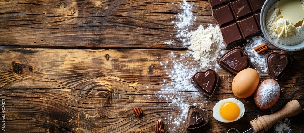Poster messy baking preparation with love featuring ingredients like egg flour and dark cooking chocolate o
