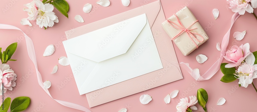 Aufkleber a white card with an envelope a gift box and flowers placed on a pink background serving as a blank 