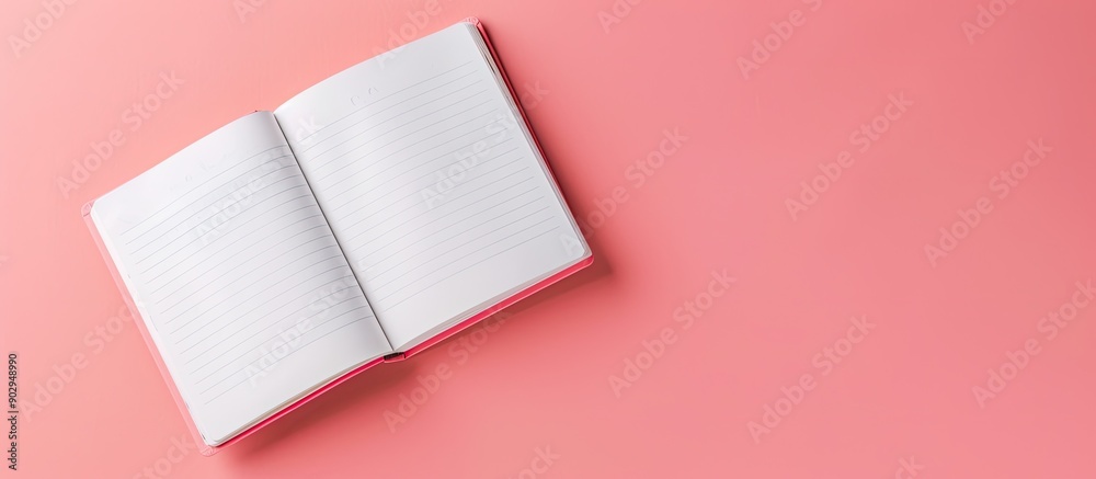 Fototapete Top view of an open notebook alongside others on a pink background offering ample copy space image
