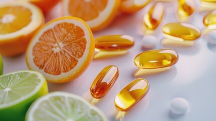 Fototapeta premium Colorful citrus fruits and various supplement capsules symbolize health, wellness, and natural nutrition in a vibrant and refreshing visual.
