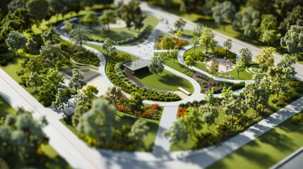 Generate a photo realistic image of a maquette illustrating an urban park with green landscapes, walking paths, and recreational amenities; ensure the image is of high resolution for clear
