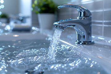 Water from kitchen faucet dynamically with splashes flows into sink, full sink of water, close up. Concept of water flow, hydration, kitchen functionality, flooding, faucet breakdown
