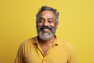 Obraz premium Portrait of a content indian man in his 50s wearing a comfy flannel shirt in pastel yellow background