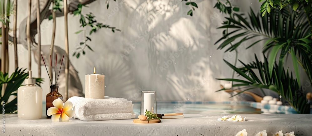Aufkleber a serene spa wellness display with beauty and fashion items on a white table featuring a spa towel c