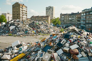 Urban waste piles, electronic garbage in city, pollution, recycling issue, environmental problem concept