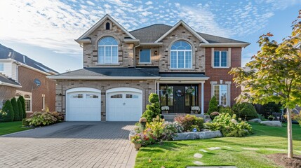 Beautiful Brick House Surrounded by Lush Greenery in Suburban Neighborhood on a Clear Sunny Day