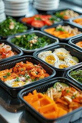 Fototapeta premium A variety of food items are displayed on a table, including broccoli, corn, and shrimp. The table is set with several bowls and plates, and the food looks fresh and appetizing