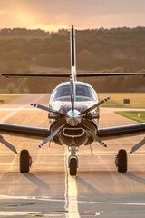 Fototapeta premium Small aircraft on runway, sunset light over private plane, parked airplane on airstrip, aviation travel concept