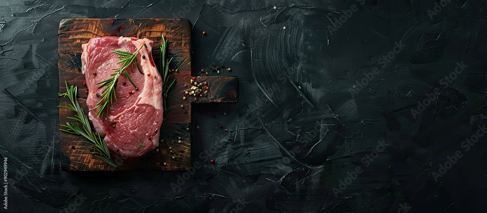 Poster Raw pork with rosemary on a cutting board against a dark background in a top down view perfect for adding recipe text in the copy space image