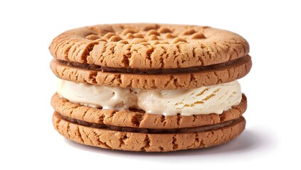 food photography of an ice cream sandwiched between two round cookies, on white background, hyper...