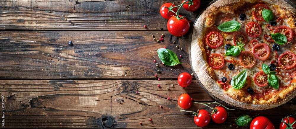 Poster italian pizza on rustic wooden backdrop with copy space image