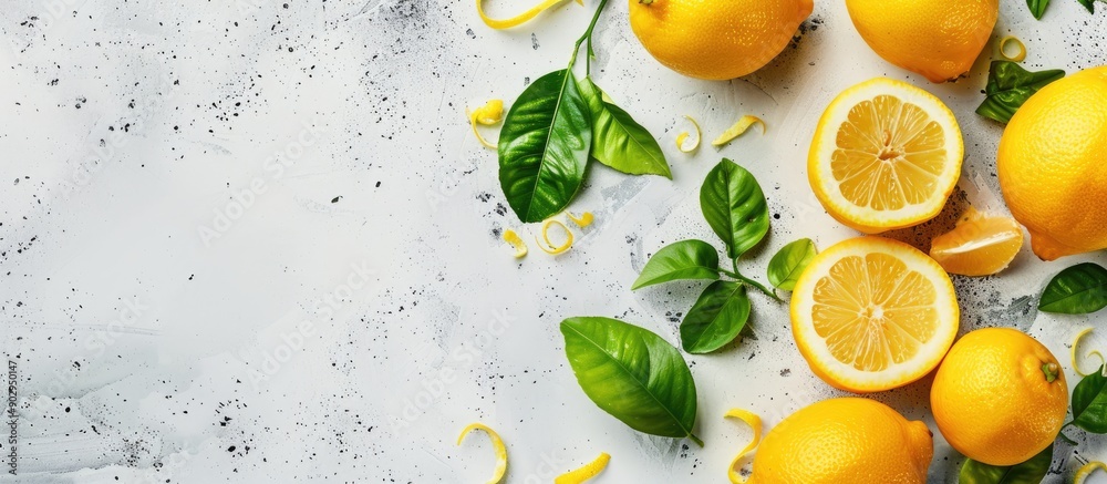 Aufkleber top view of fresh lemons with leaves on a white concrete background illustrating the vitamin c conce