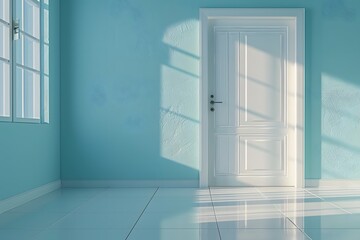 Bright and Serene Interior with a White Door and Soft Blue Walls